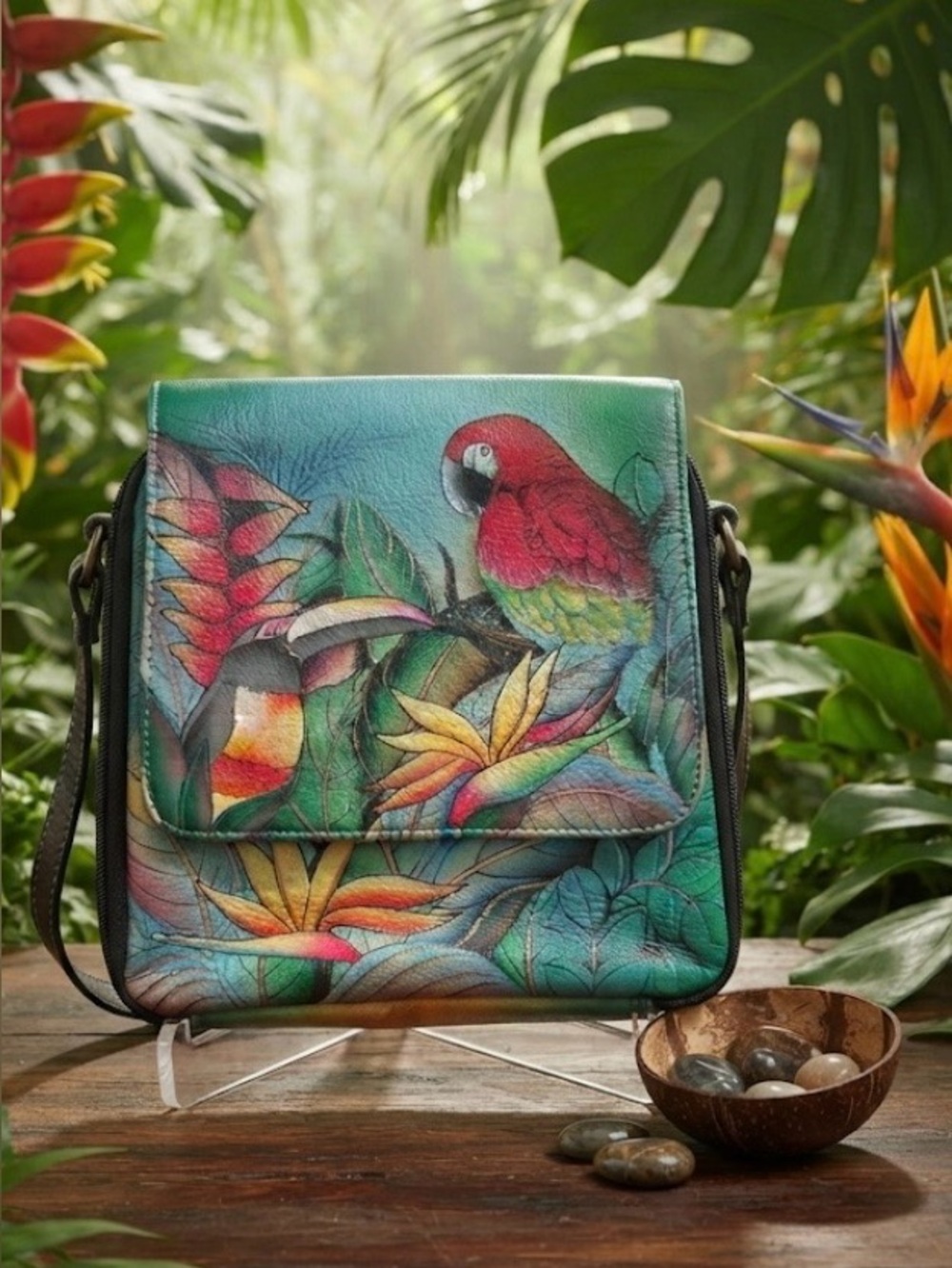 Hand-Painted Teal Crossbody Bag with Tropical Parrot Design